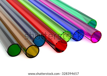 Colored acrylic plastic tubes isolated on white background