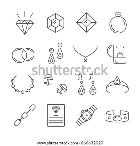 Set of jewelry Related Vector Line Icons. Includes such Icons as diamond, ring, wedding ring, bracelet, earrings, necklace, jeweler, jewel
