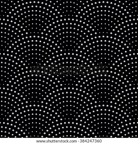 Vector abstract seamless wavy pattern with geometrical fish scale layout. Silver grey twinkles on a dark black background. Fan shaped stylized ocean waves. Christmas, New Year Holiday decoration