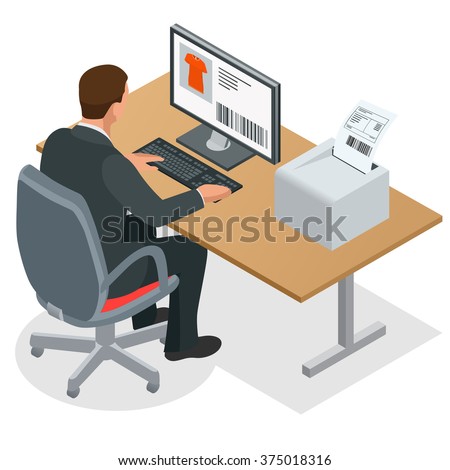 stock vector workplace businessman working at the computer man looking at the laptop screen flat d vector 375018316