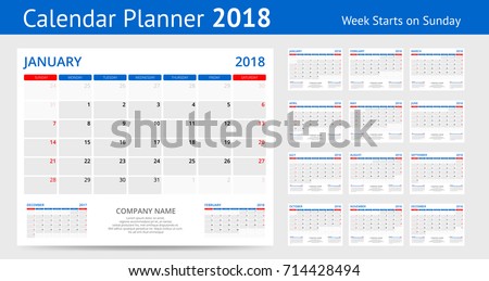 2018 calendar Print Template Week Starts Sunday Portrait Orientation Set of 12 Months Planner for 2018 Year