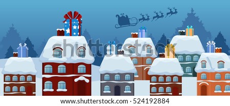 Santa claus flying with reindeer sleigh and big gift box on the roof. Merry christmas and Happy new year. Cartoon Vector Illustration.