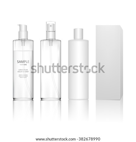 Cosmetic plastic bottle with different caps (spray, dispenser pump). Liquid container for gel, lotion, cream, shampoo, bath foam. Beauty product package (transparent). Vector illustration.