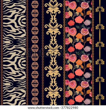 Art deco vintage silk wallpaper with ethnic motifs and bohemian elements. Zebra print, damask borders, rose pattern. Abstract seamless vector. Ethnic collection. Silver, golden shadows on dark blue.