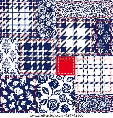 Blue, white and red patchwork. Bohemian style collage made from cotton flaps. Set of seamless vector patterns. Checkered fabrics, vintage roses, wild flowers, damask motifs. Retro textile collection