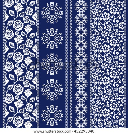 Set of batik bohemian borders. Damask seamless pattern, leaves stripes, gypsy and ethnic motifs. Ethnic textile collection. White on dark blue.