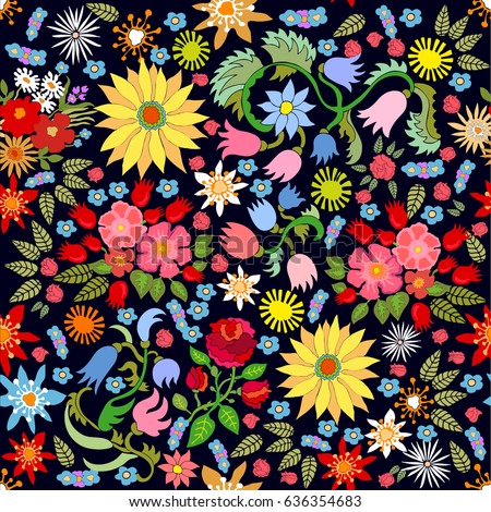 Rich floral carpet. Seamless vector pattern with sunflowers, tulips and roses. Retro textile collection.