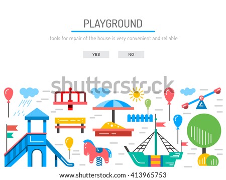 Children's Playground with swings. A place for children play in the yard. Children's Playground drawn in a linear style, vector, outline. Kindergarten Kindergarten yard. Kindergarten. Children park
