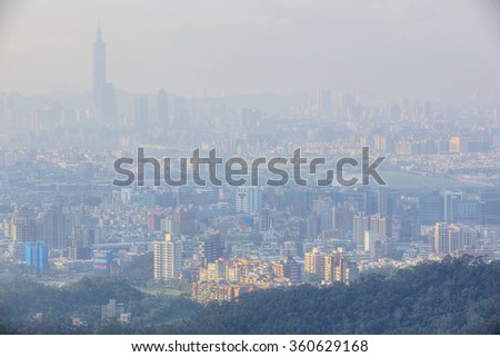 Aerial view of Taipei, capital city of Taiwan, with heavily polluted air on a hazy winter day ~ Air pollution level classified as "Beyond Index" (PM 2.5 over 500 micrograms per cubic meter)
