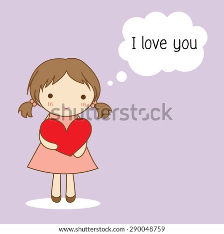 Cute Little Girl Holding A Red Heart With The Word I Love You Cute Little Girl Holding A Red Heart With The Word I Love You