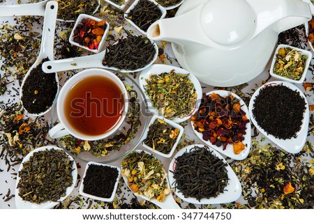 Assortment of dry tea. Various kinds of tea isolated on white.Different kinds of tea leaves. Tea composition with different kind of tea. Tea concept. Tea leaves