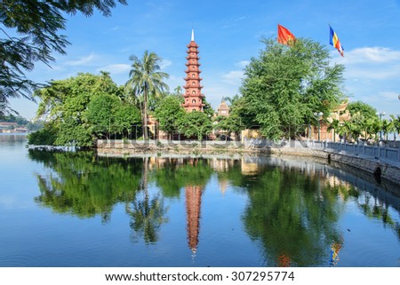 Tran Quoc pagoda in early morning in Hanoi, Vietnam. This pagoda is located on a small island near the southeastern shore of West Lake. This is the oldest Buddhist temple in Hanoi.