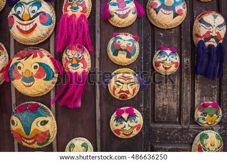 Face Painted On Woven Round Bamboo Trays Hanging The Wall Famous Art In Hanoi Face Painted On Woven Round Bamboo Trays Hanging The Wall Famous Art In Hanoi