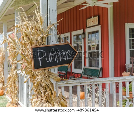 vintage wooden board with pumpkins word sign at entrance of red barn with dried corn stalks - Halloween Corn Stalks vintage wooden board with pumpkins word sign at entrance of red barn with dried corn stalks - Halloween Corn Stalks