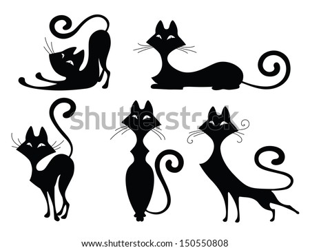 stock vector set of various black cat silhouettes sitting cat lying cat two stretching cats and one cat with 150550808