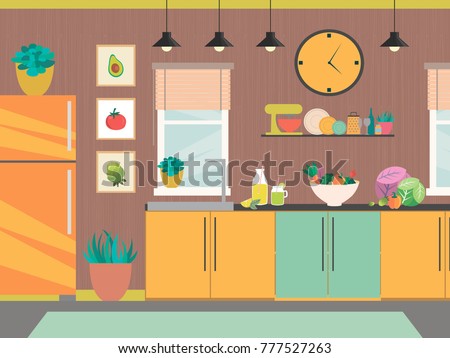 Modern Kitchen Interior Furniture Cooking Devices Stock Vector