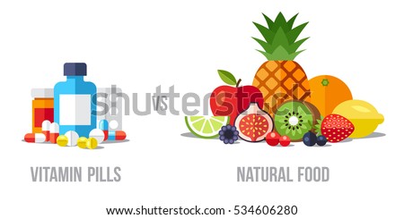 Vector illustration of vitamin pills vs. natural food. Healthy eating concept. Flat style.