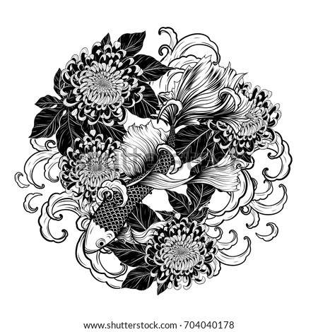 koi fish chrysanthemum tattoo by hand stock vector 696865471 koi fish chrysanthemum tattoo by hand stock vector 696865471