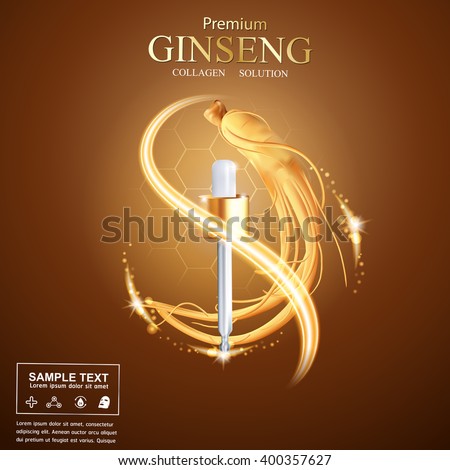 Collagen Serum and Vitamin Background Concept Ginseng Skin Care Cosmetic.