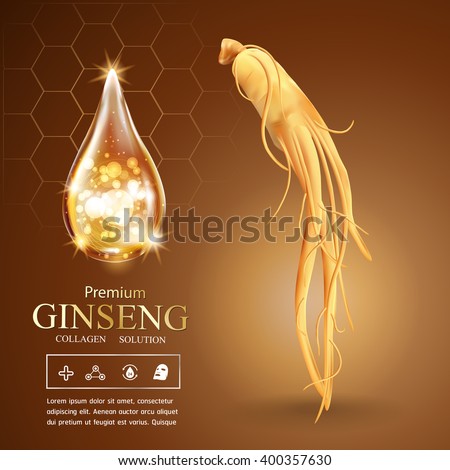 Collagen Serum and Vitamin Background Concept Ginseng Skin Care Cosmetic.