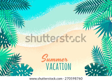 Palm leaves, tropical beach, seascape background. Retro vector illustration. Place for your text