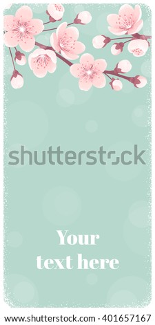 Vertical banner with cherry blossom, spring flowers. Retro vector illustration. Place for your text. Design for invitation, card, poster, flyer, label