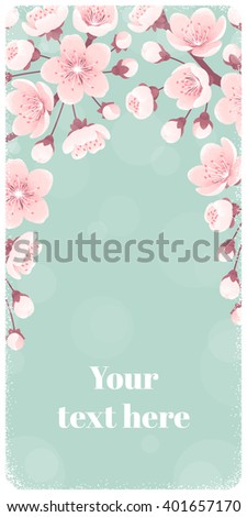 Vertical banner with spring flowers, cherry blossom. Retro vector illustration. Place for your text. Design for invitation, card, poster, flyer, label