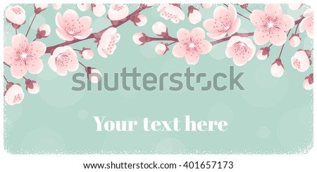 Horizontal banner with cherry blossom, spring flowers. Retro vector illustration. Place for your text. Design for invitation, card, poster, flyer, label