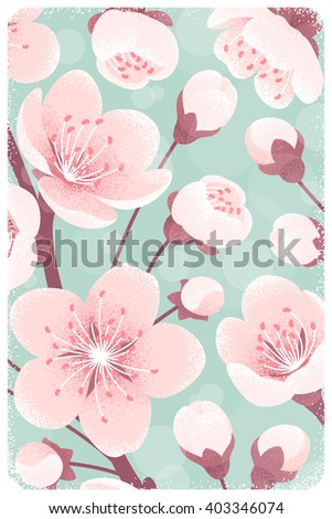 Cherry blossom background, spring flowers close up. Retro vector illustration. Design for invitation, banner, card, poster, flyer