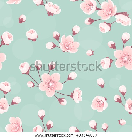 Cherry flowers seamless pattern, spring blossom. Retro vector background