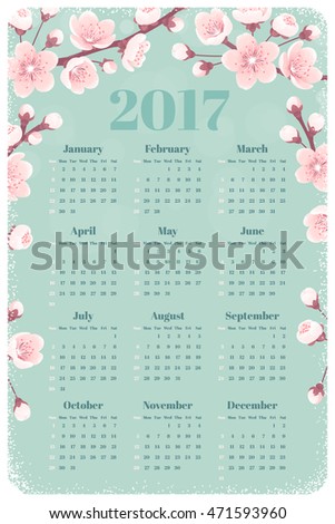 Calendar for 2017 year with cherry blossom, spring flowers. Week starts from Sunday. Retro vector illustration