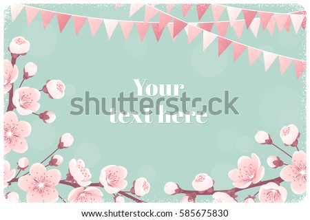 Horizontal template with cherry blossom, spring flowers, party flags. Retro vector illustration. Bokeh background. Place for your text. Design for invitation, banner, card, poster, flyer