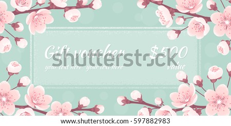 Gift voucher with cherry blossom, spring flowers. Retro vector illustration. Bokeh background. Place for your text