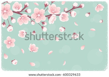 Horizontal template with cherry blossom, spring flowers, falling petals. Retro vector illustration. Place for your text. Design for invitation, banner, card, poster, flyer