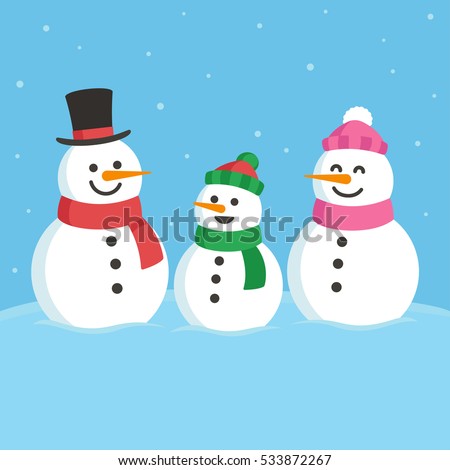 Cartoon snowman family illustration. Mom, dad and child. Cute Christmas greeting card.