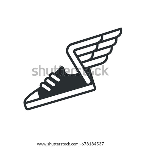 Sneaker with wings icon, minimal sports shoe line logo.