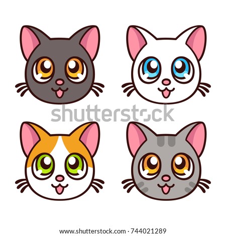 Cute Anime Cat Faces Funny Kawaii Stock Illustration 744021289 ...