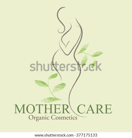 Organic Cosmetics Design element - outlined silhouette of expectant woman decorated by elegant green leaves. Beautiful pregnancy emblem. Pale green and brown color palette