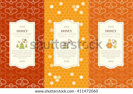 Vector packaging template with seamless patterns. Beekeeping collection (types of natural honey). Warm color palette of golden tints