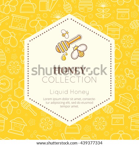 Vector packaging template with seamless patterns. Natural honey collection (sorts of honey - liquid honey). Warm color palette of golden tints