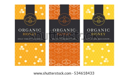 Vector card template with honey bee emblems and seamless pattern. Natural honey tags collection (organic honey). Warm color palette of golden tints with black
