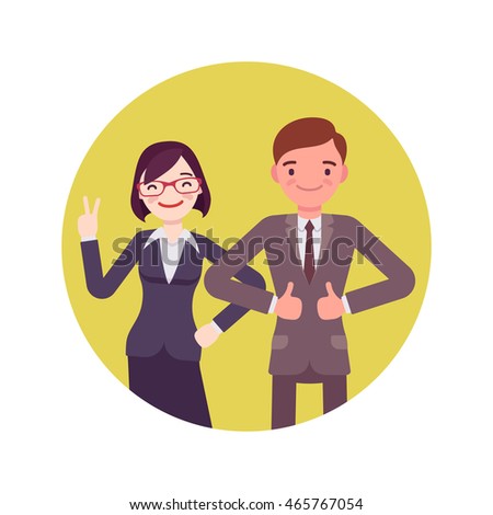 Office workers standing and smiling. Man and woman in a formal wear. Cartoon vector flat-style business concept illustration