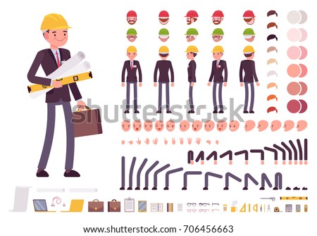 Male architect in business suit and protective helmet. Character creation set. Full length, different views, emotions and gestures. Build your own design. Cartoon flat-style infographic illustration