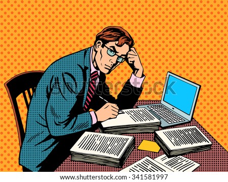 Writer editor journalist academic thesis paper laptop pop art retro style. A stack of documents. Office work