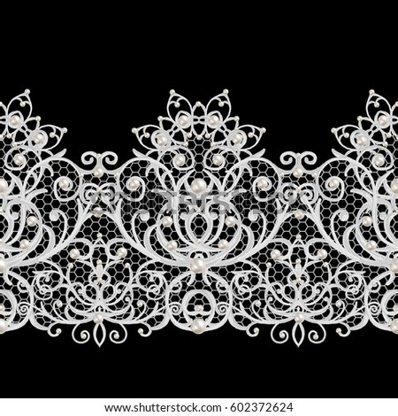 Seamless pattern border. Openwork weaving delicate, silver background, shiny lace, vintage old style arabesques. Edging decorative. Decoration from pearls, beads.