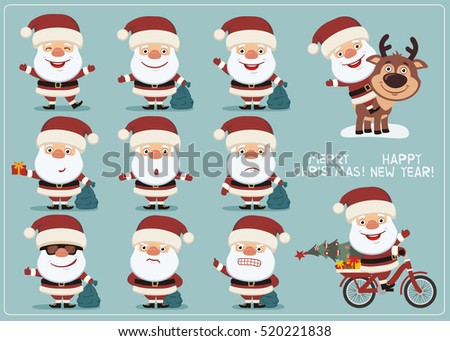 Set funny Santa Claus in different poses. Collection isolated Santa Claus with gift sack in cartoon style.