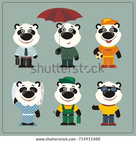 Set funny Panda bear in different clothing: sportsman, worker, manager, summer, autumn, sleepwear. Collection isolated Panda Bear in clothing in cartoon style.