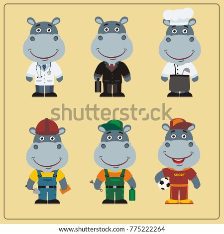 Set of hippo in different costumes: builder, sportsman, worker, a doctor, manager, cook. Collection of hippopotamus in clothes in cartoon style.