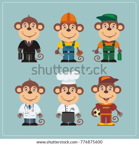 Set of monkey in different costumes: builder, sportsman, worker, a doctor, manager, cook. Collection of monkey in clothes in cartoon style.