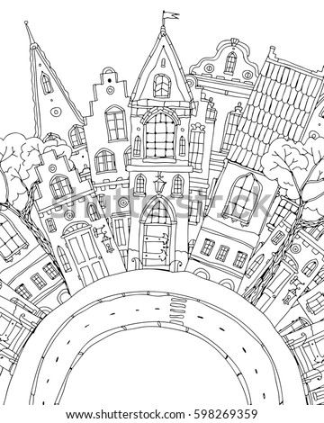 Pattern For Coloring Book With Artistically Part Of City Street Fairy Tale Houses Facade